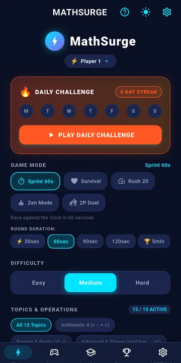 MathSurge home screen with the Daily Challenge and game modes