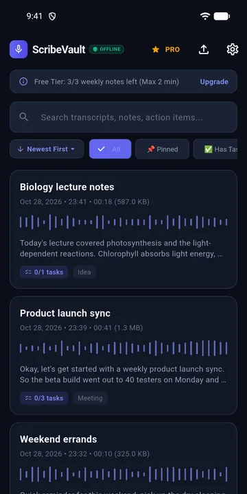 ScribeVault home screen with voice notes
