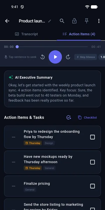 Summary and action items from a meeting