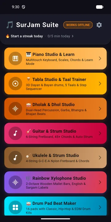 SurJam home screen listing the instruments