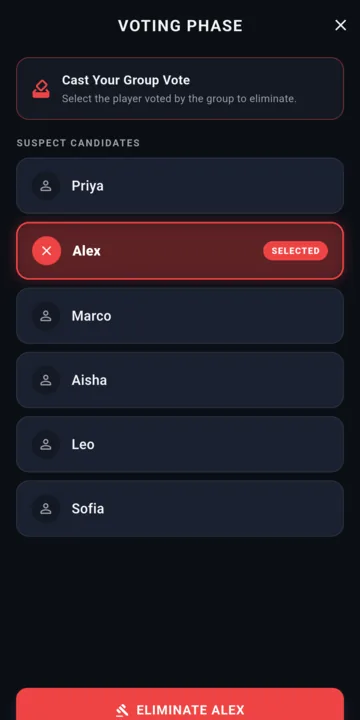 Voting screen with one player selected for elimination